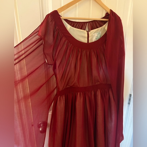Modcloth Burgundy Midi Dress with Cap Sleeves & Snap-On Cape - Picture 2 of 7
